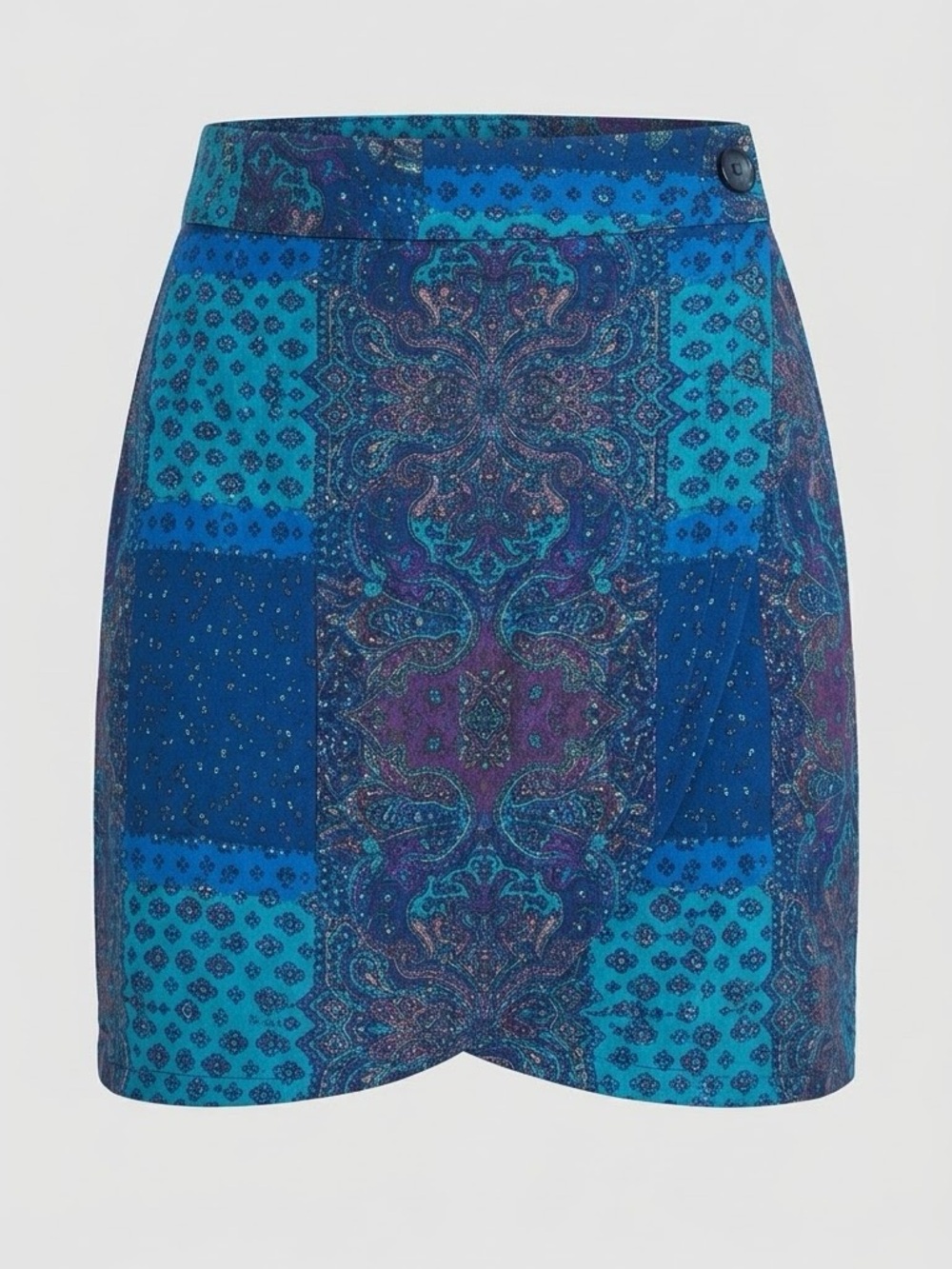 RW&CO Blue Patchwork Paisley Wrap Mini Skirt Women’s 0 Asymmetrical Boho Chic